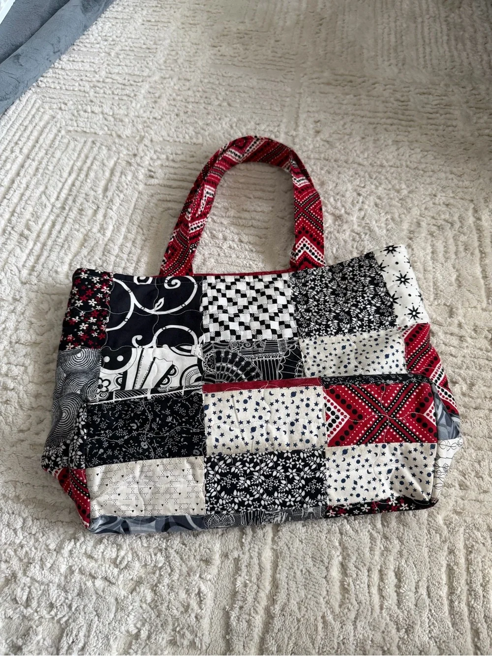 Patchwork Boho Tote Bag Red Black White Mixed Print Eclectic